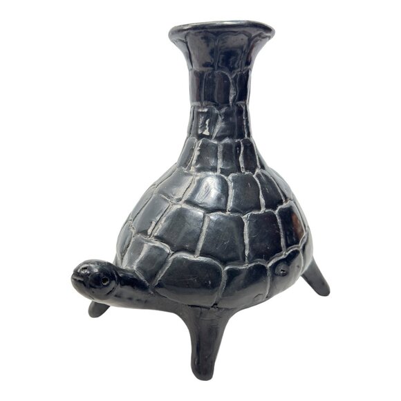 Barro Negro de Oaxaca Handmade Black Mexican Clay Tortoise VNTG Vase 7" H x 8" W - Picture 2 of 8